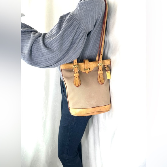 Dooney Bourke Vintage Brown Cotton Small Bucket Shoulder Bag Brown Leather Trim - Picture 2 of 12